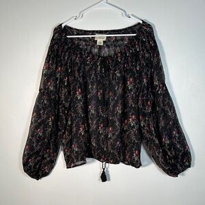 Ralph Lauren Floral Peasant Blouse Black Long Sleeve Boho Top Women’s Size L